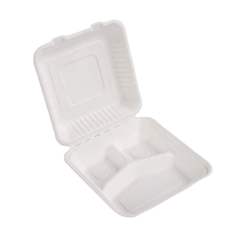 3 Comp 8 Inch Biodegradable Sugarcane Bagasse Paper Clamshell Takeaway Food Packaging Box Container