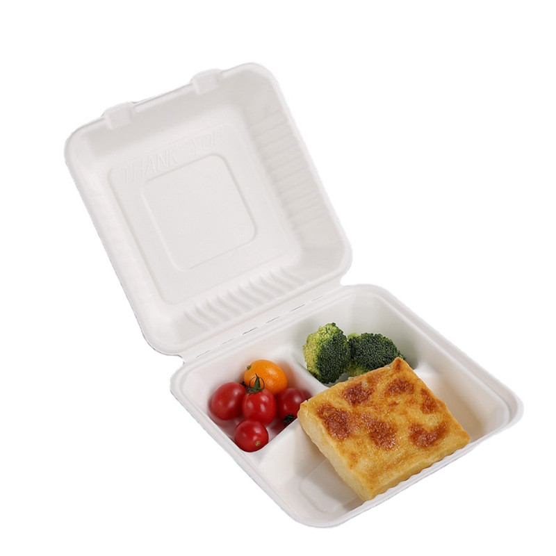 3 Compartment 9 Inch Disposable Sugarcane Takeaway Biodegradable Bagasse Clamshell Lunch Box