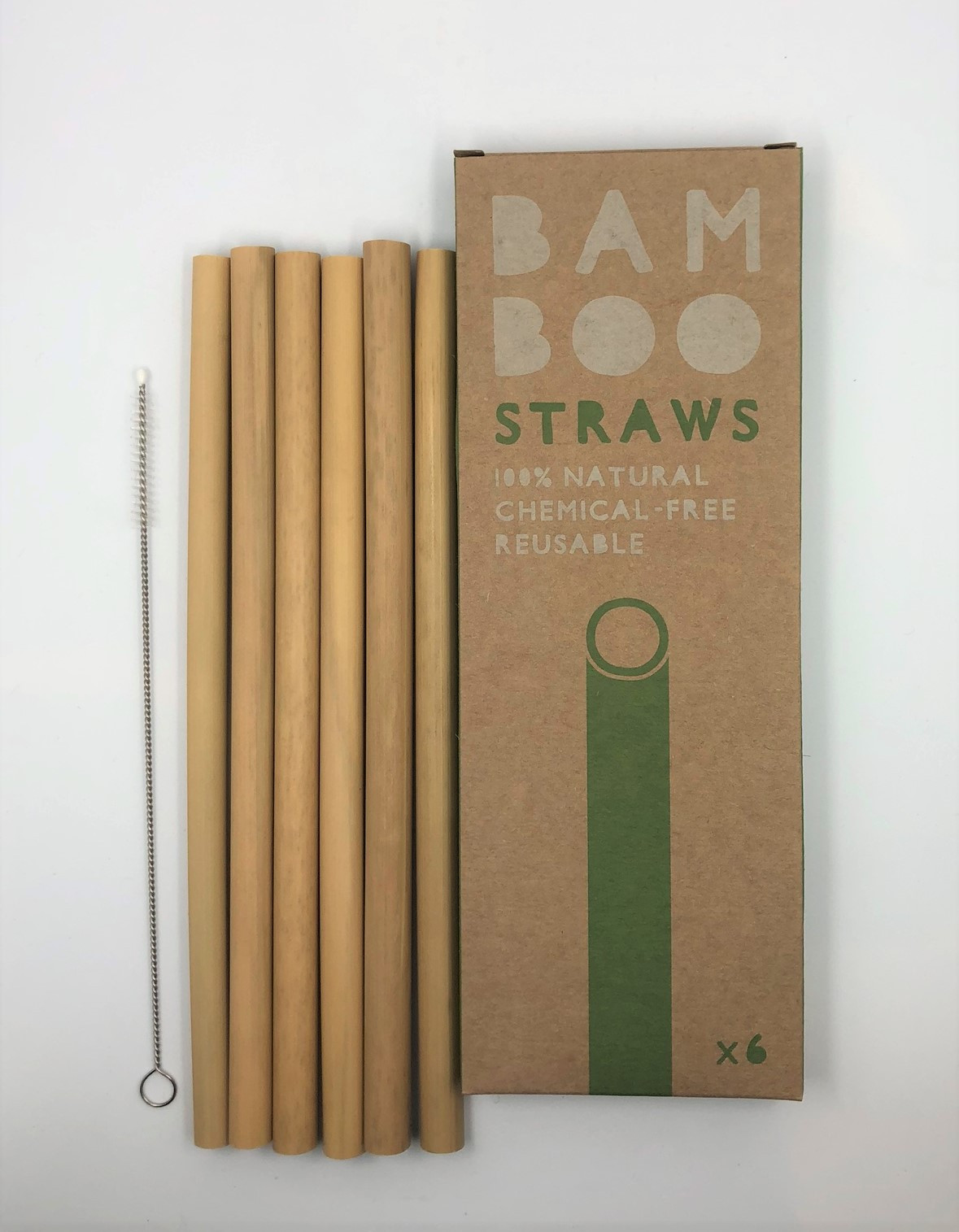 6 Bamboo Straws with a straw cleaner and a 100% cotton drawstring bag.