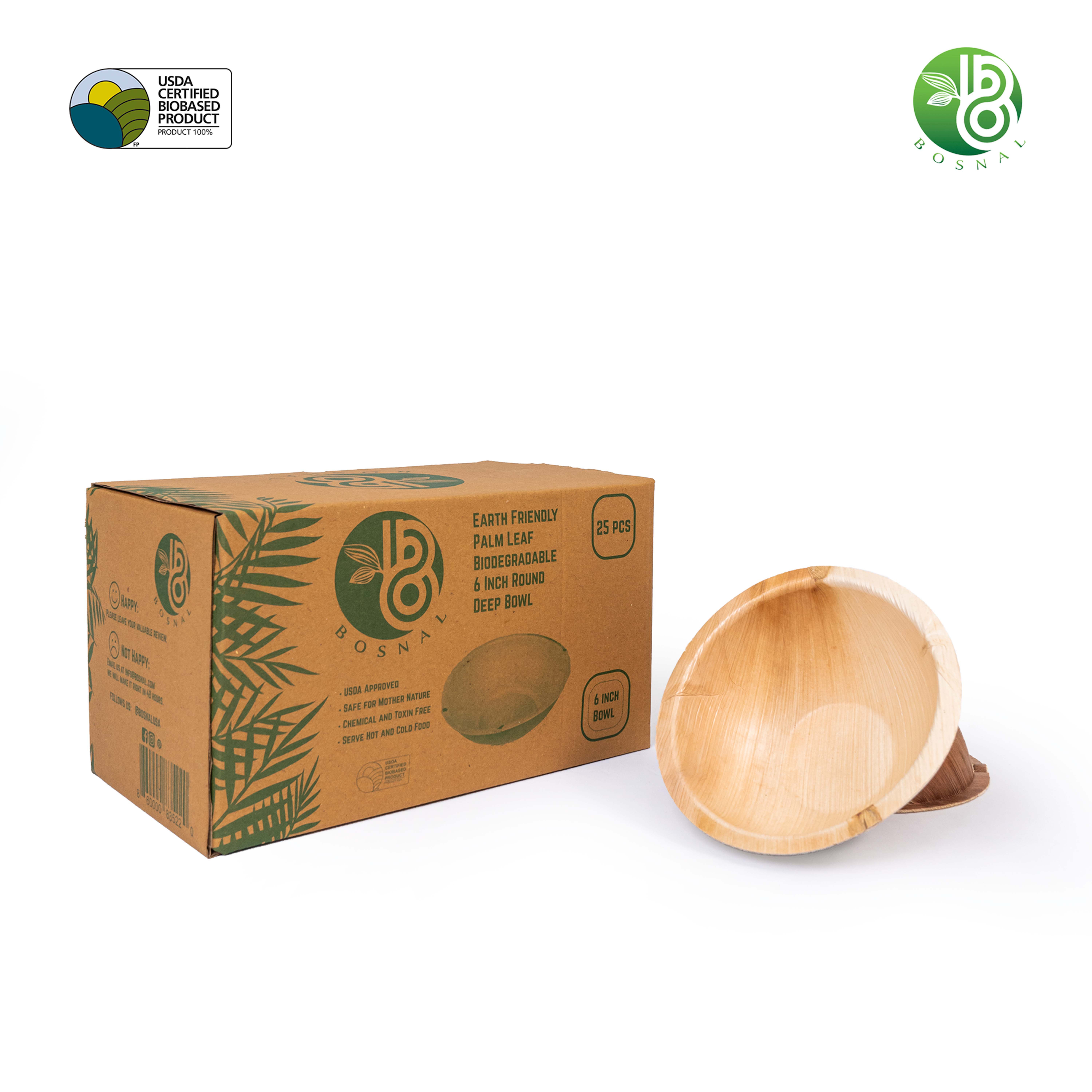 Bosnal - Palm Leaf Biodegradable Plates, 6 inch, Round Bowl, 25 Pcs