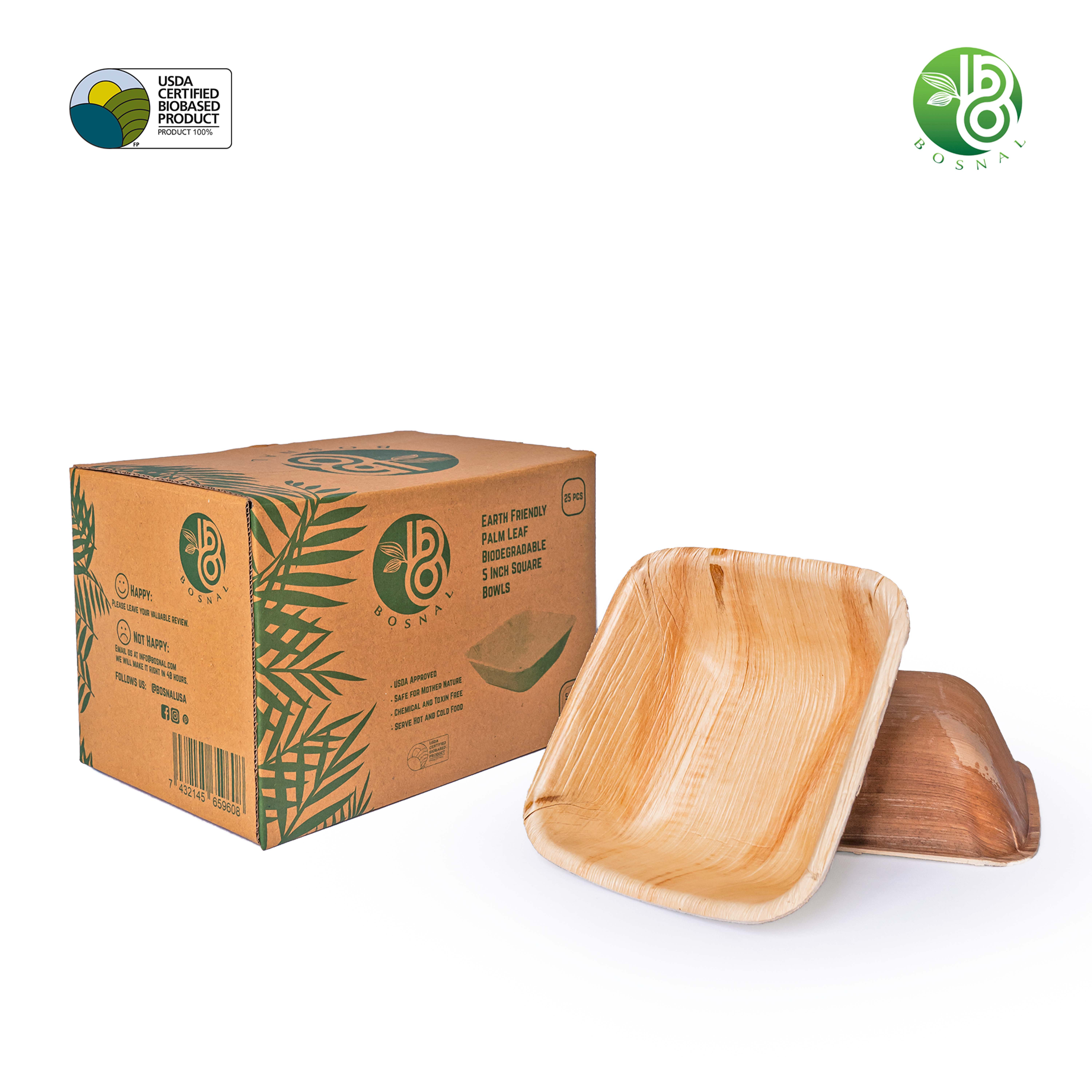 Bosnal - Palm Leaf Biodegradable Bowls, 5 inch, Square, 25 Pcs