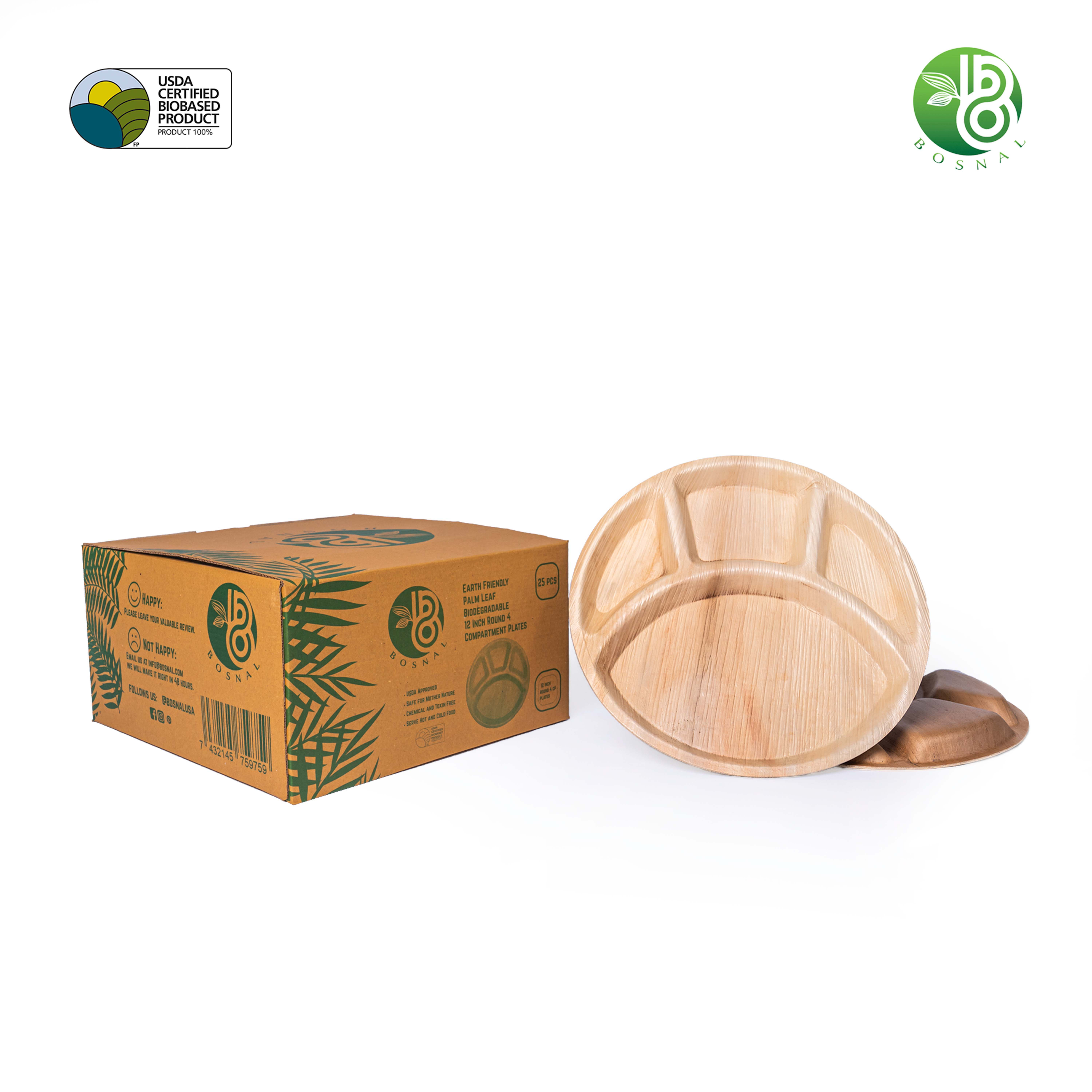 Bosnal - Palm Leaf Biodegradable Plates, 12 inch Round Compartment, 25 Pcs