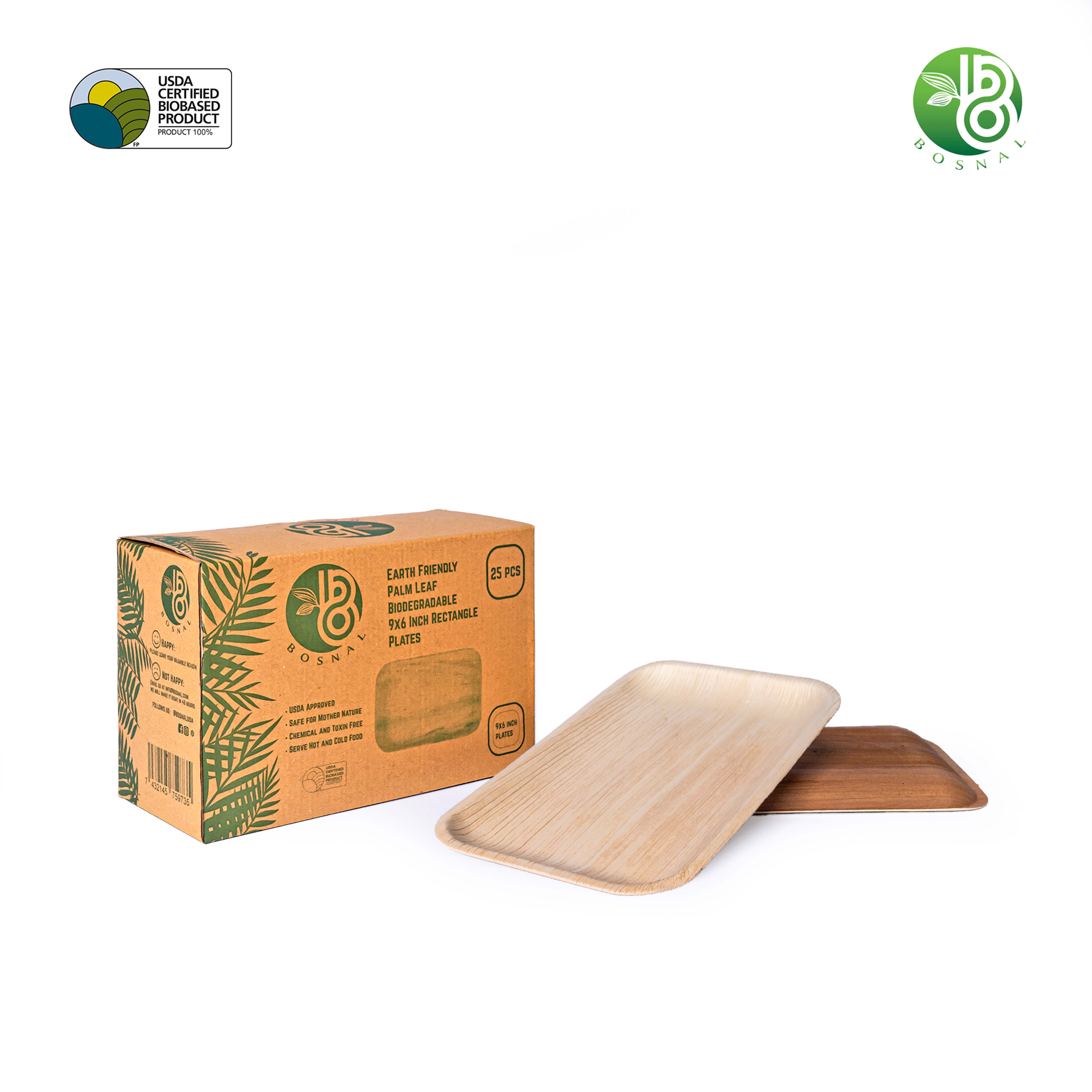 Bosnal - Palm Leaf Biodegradable Plates, 9 x 6 inch Rectangle , 25 Pcs
