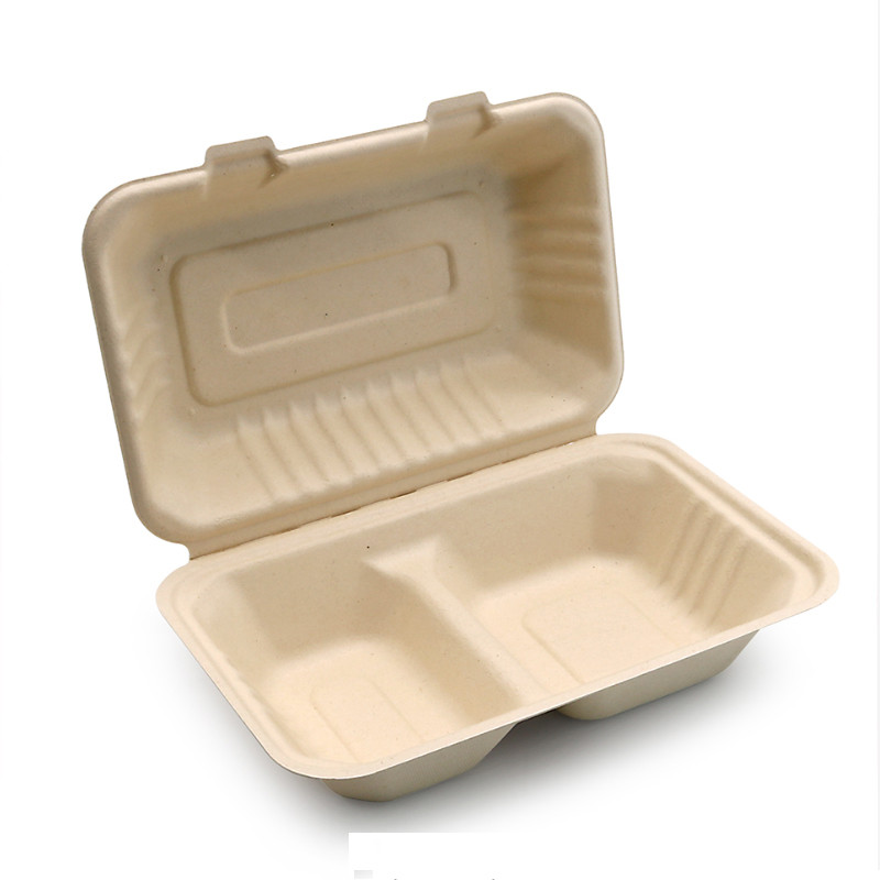 Disposable Container Sugarcane Bagasse 2 Compartment Clamshell Take Away Biodegradable Lunch Box