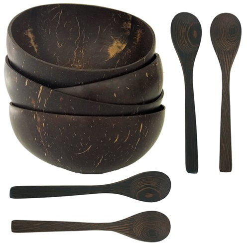 Eco-Friendly Natural Coconut Bowl Polished with Dark Wood Spoon & fork – CB25