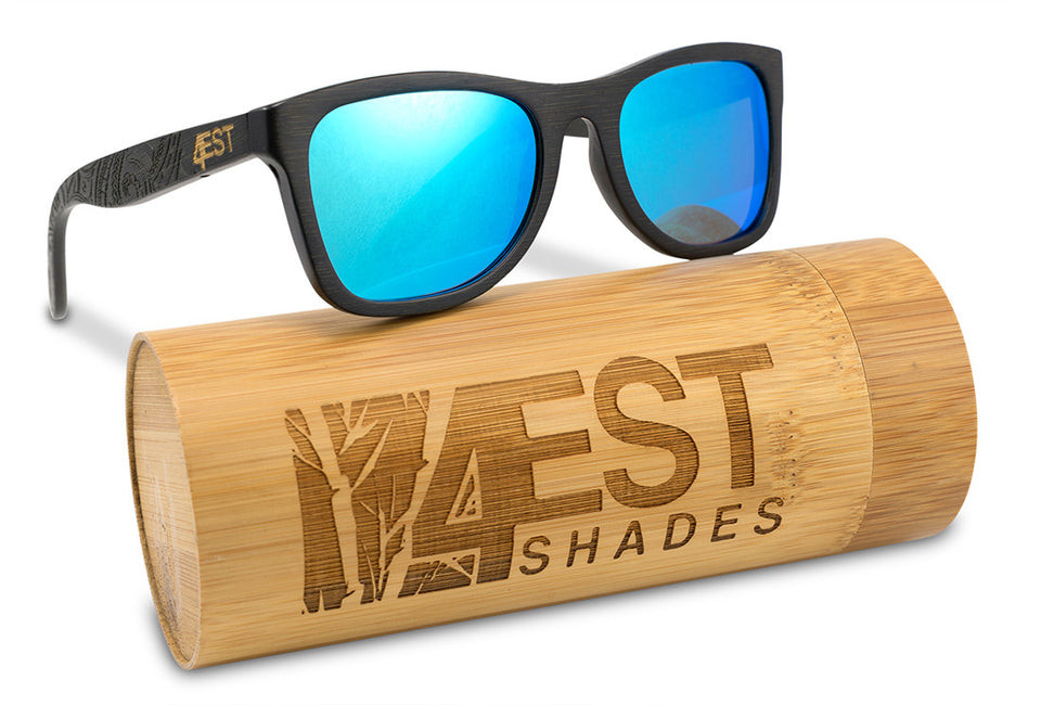 Etched Black & Blue Bamboo Sunglasses