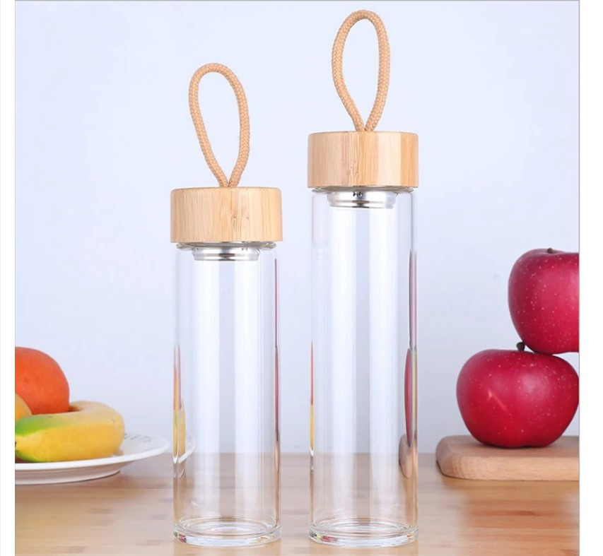 Glass Water Bottle with Bamboo Lid and String