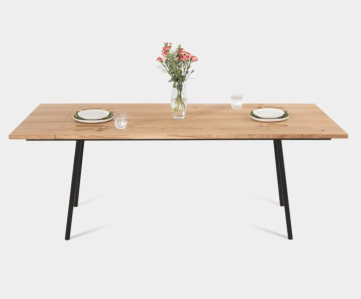 MIRA | Mid Century Modern Oak Extendable Dining Table on Industrial Metal Legs