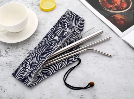 Reusable stainless steel straw set with pouch