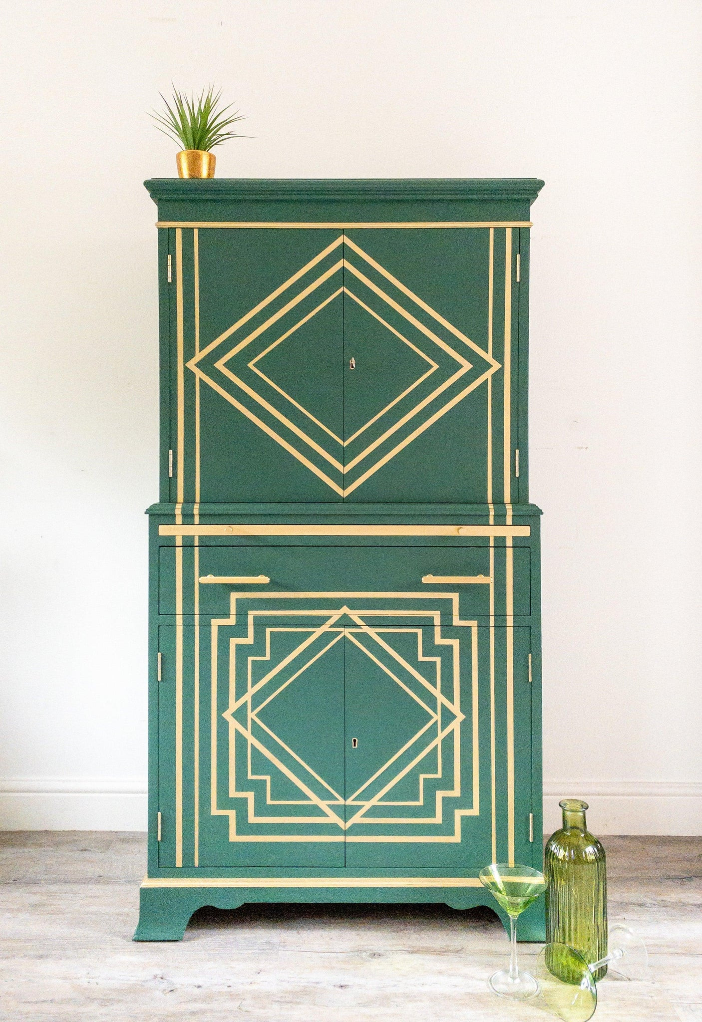 Tall Art Deco Inspired Drinks Cabinet in Forest Green
