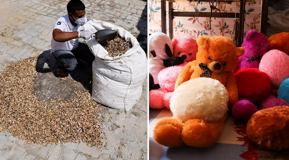 Cigarette butts are turned into mosquito repellent and stuffing for soft toys at this Indian factory
